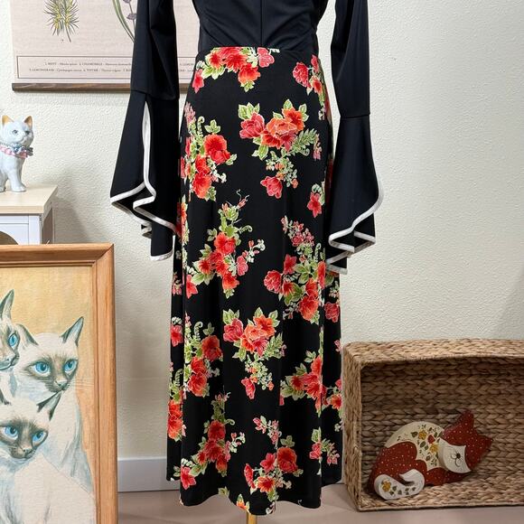 Vintage Y2k Black Red Floral Slinky Stretch Skirt Whimsigoth Romantic Goth PM - Picture 2 of 5